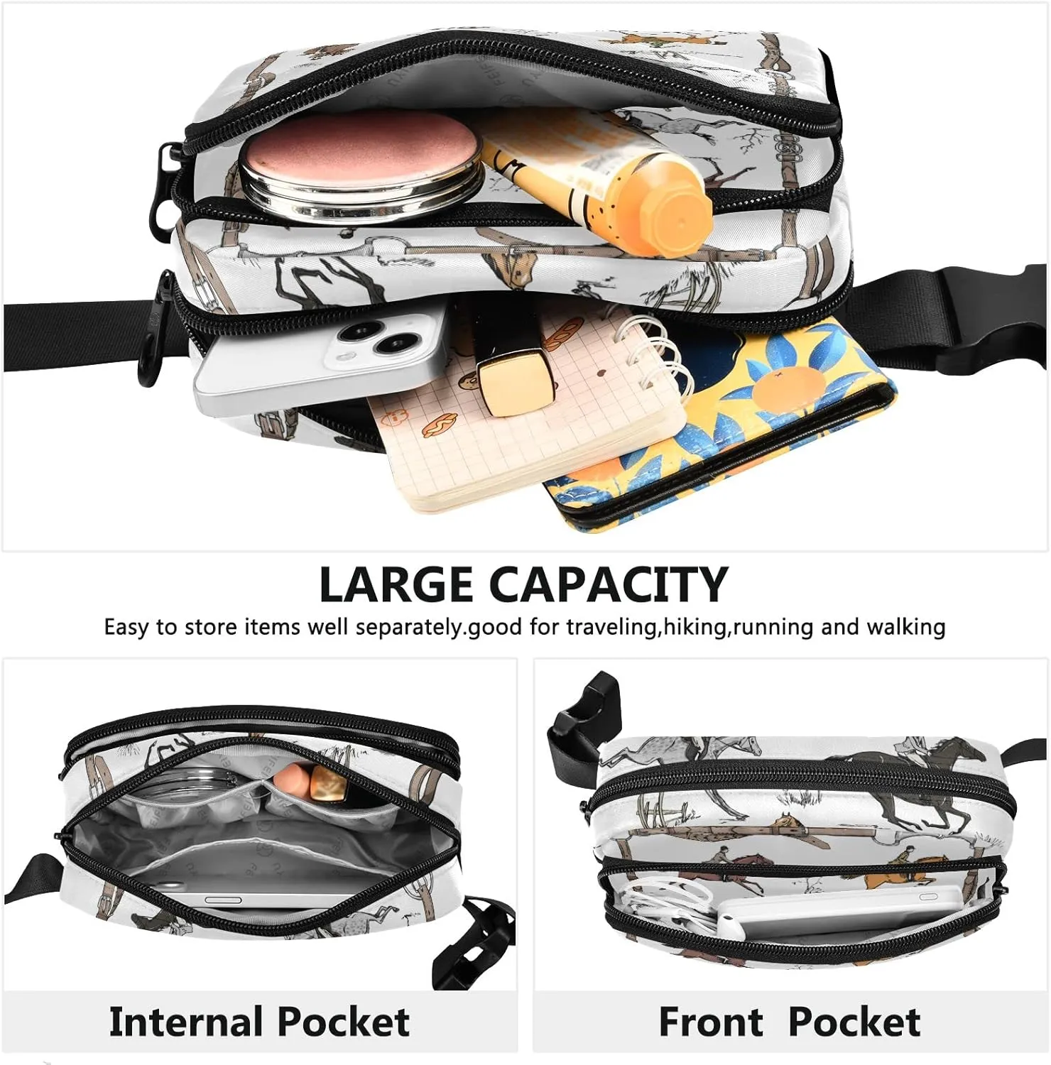 Seamless English Style Horse Riders on Landscape with White Pattern Adjustable Fanny Waist Pack Pouch, Waterproof Runners Sports Waist Pack Wallet for Sports Hiking Fitness Cycling Gym Women Men