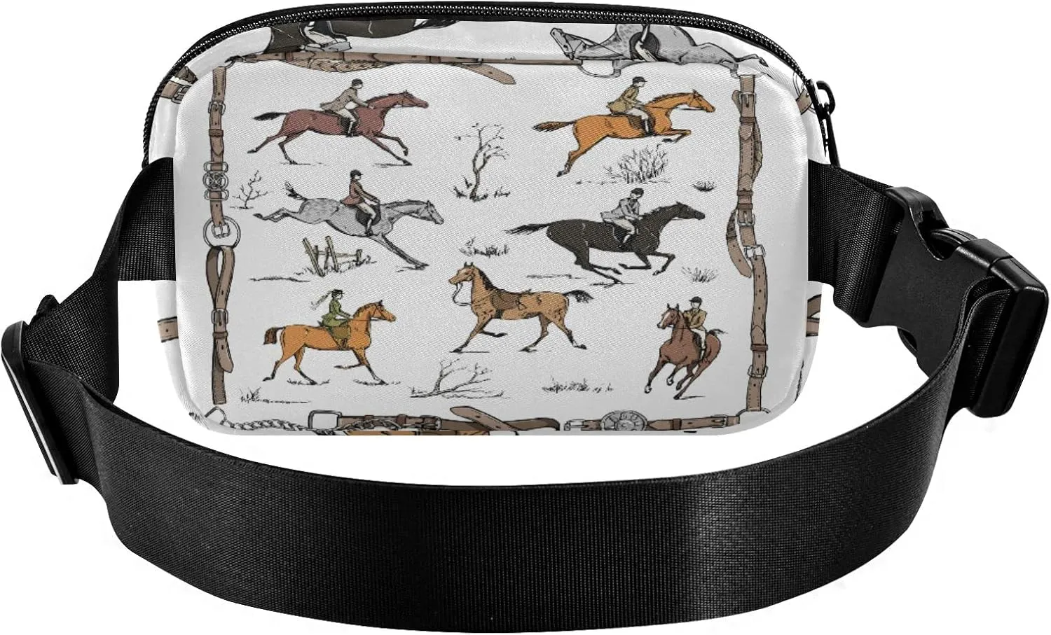 Seamless English Style Horse Riders on Landscape with White Pattern Adjustable Fanny Waist Pack Pouch, Waterproof Runners Sports Waist Pack Wallet for Sports Hiking Fitness Cycling Gym Women Men