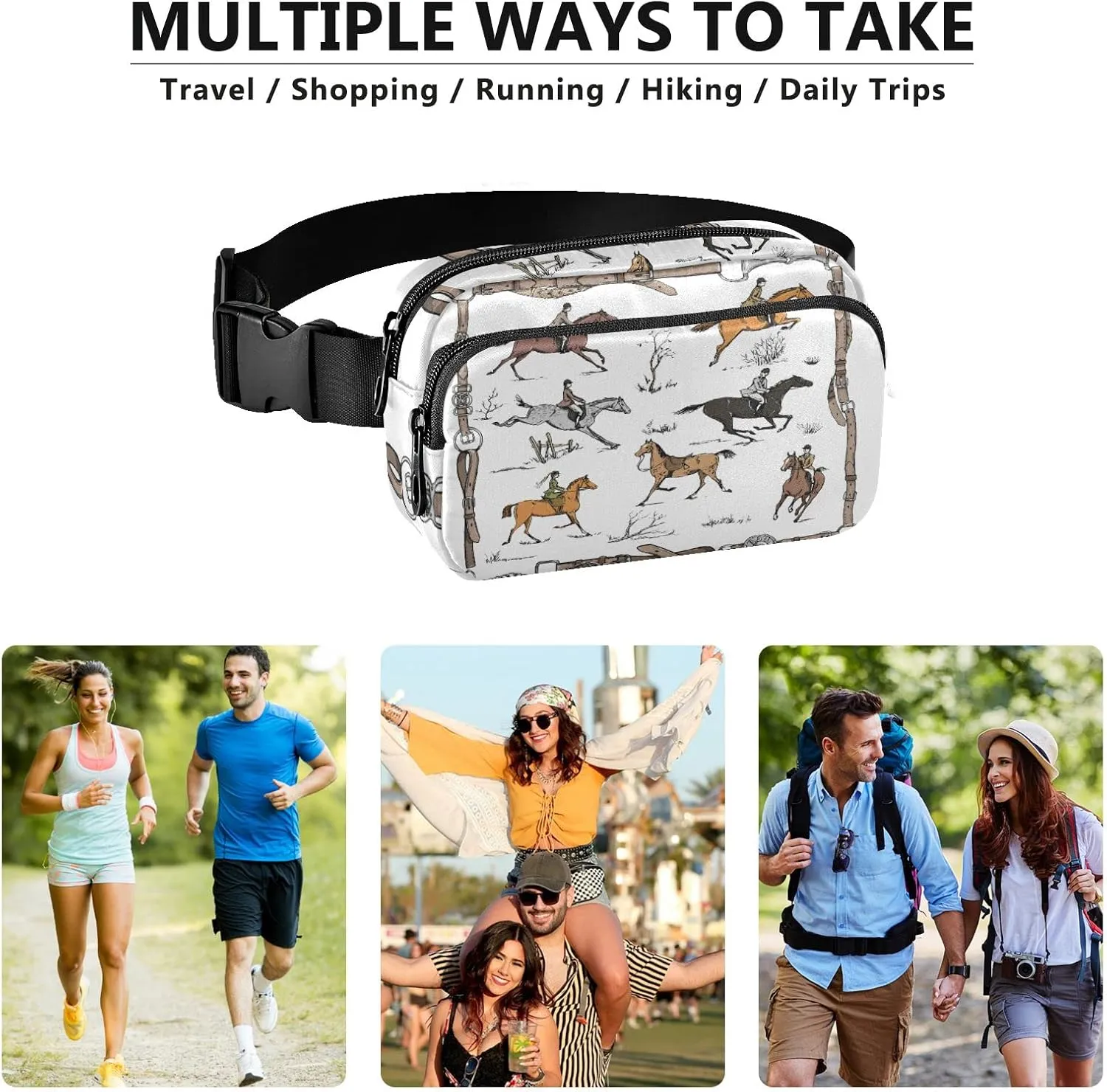 Seamless English Style Horse Riders on Landscape with White Pattern Adjustable Fanny Waist Pack Pouch, Waterproof Runners Sports Waist Pack Wallet for Sports Hiking Fitness Cycling Gym Women Men