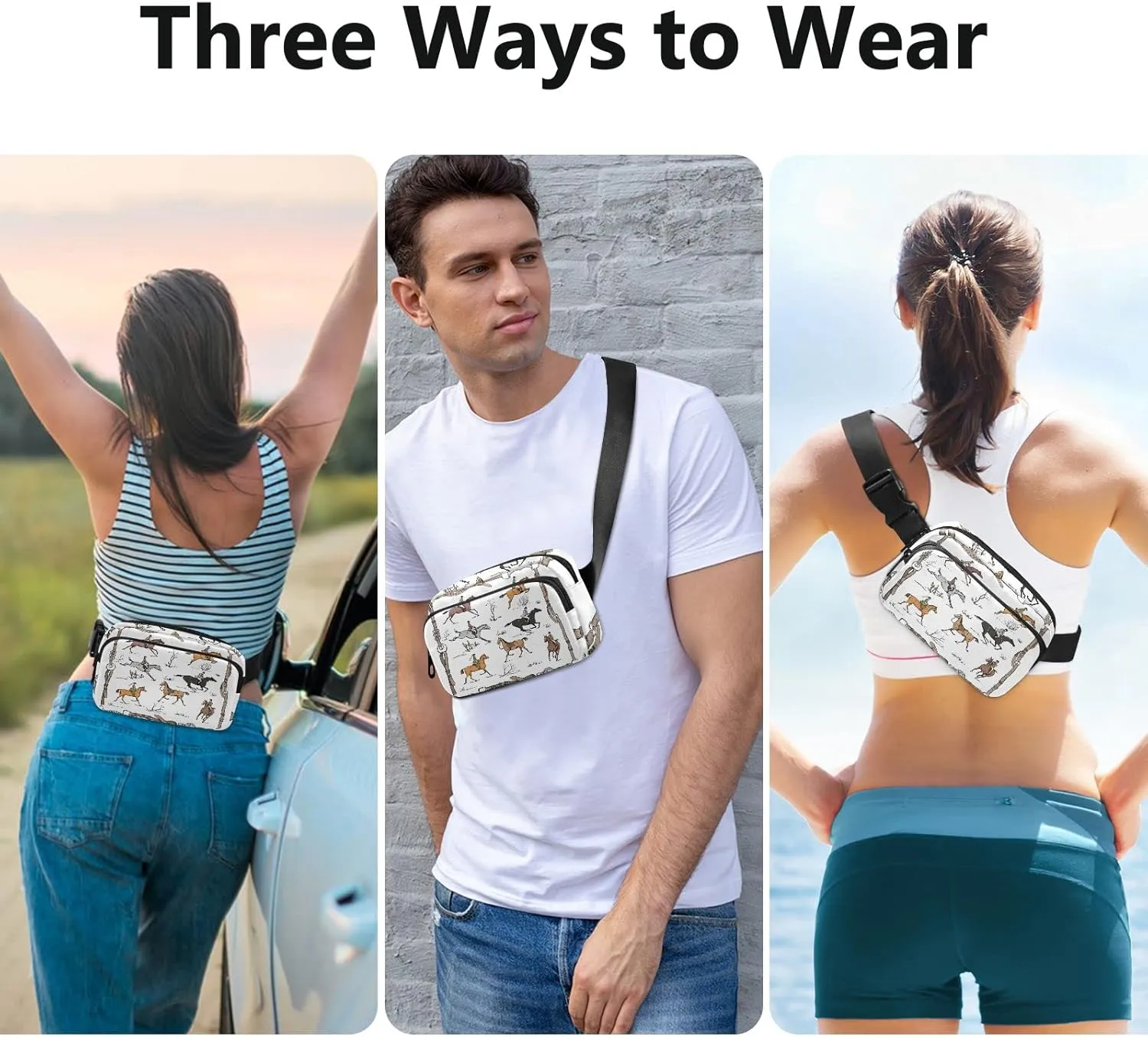 Seamless English Style Horse Riders on Landscape with White Pattern Adjustable Fanny Waist Pack Pouch, Waterproof Runners Sports Waist Pack Wallet for Sports Hiking Fitness Cycling Gym Women Men