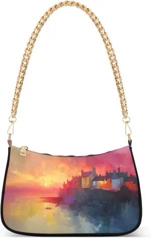 Shoulder Bags for Women The Sun Sets Seaside Towns Hobo Tote Handbag Small Clutch Purse with Zipper Closure