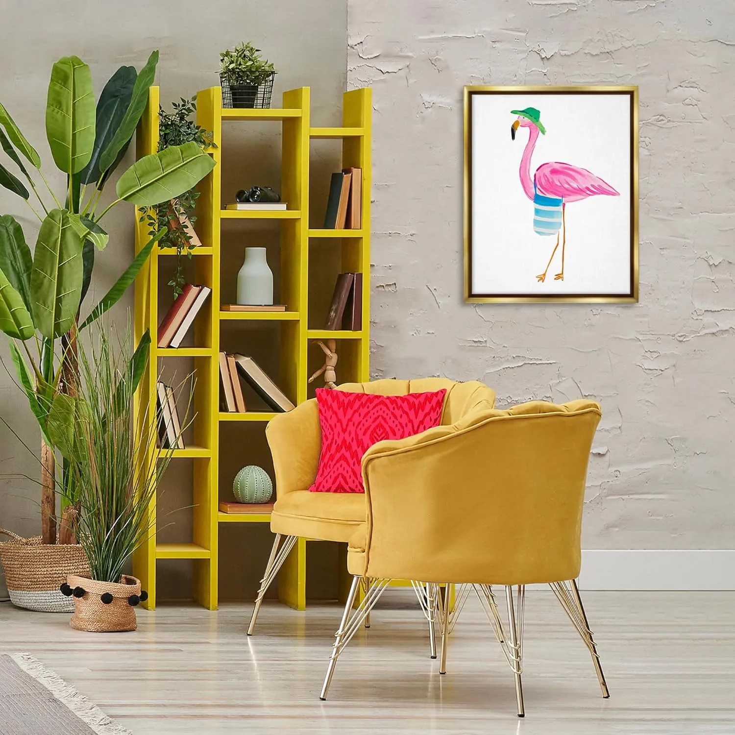 Stupell Industries Flamingo with Beach Tote Framed Floater Canvas Wall Art Design by Julie DeRice