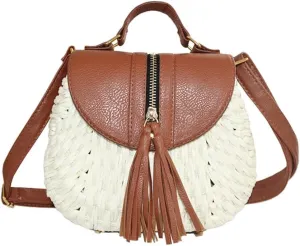 TONWHAR Retro Beach Bag with Tassels Hand-woven Straw Purse