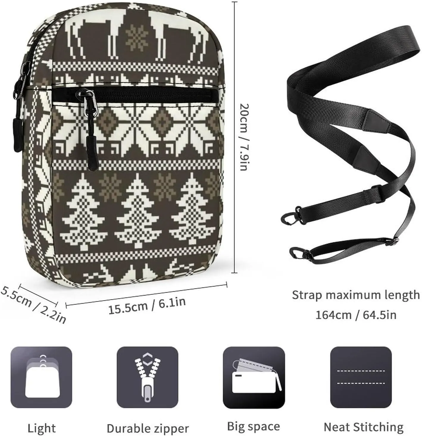 Vintage Christmas White Reindeers Trees Norwegian Sweater Style Adjustable Fanny Waist Pack Pouch, Waterproof Crossbody Runners Bag Wallet for Gym Hiking Fitness Women Men 6.1 x 2.2 x 7.9 inch