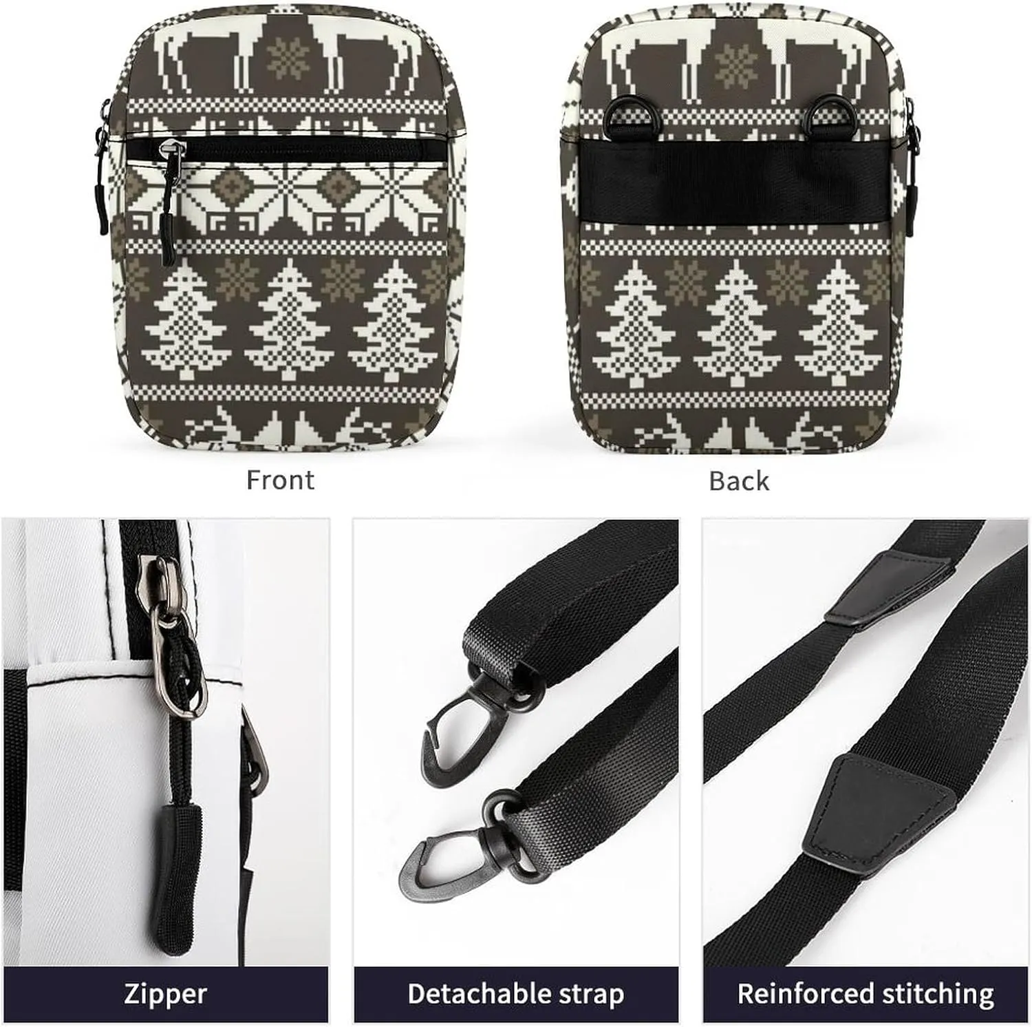 Vintage Christmas White Reindeers Trees Norwegian Sweater Style Adjustable Fanny Waist Pack Pouch, Waterproof Crossbody Runners Bag Wallet for Gym Hiking Fitness Women Men 6.1 x 2.2 x 7.9 inch