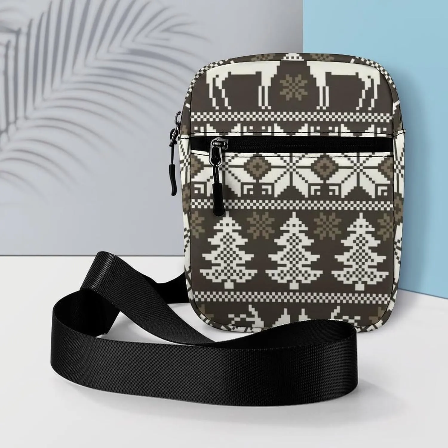 Vintage Christmas White Reindeers Trees Norwegian Sweater Style Adjustable Fanny Waist Pack Pouch, Waterproof Crossbody Runners Bag Wallet for Gym Hiking Fitness Women Men 6.1 x 2.2 x 7.9 inch