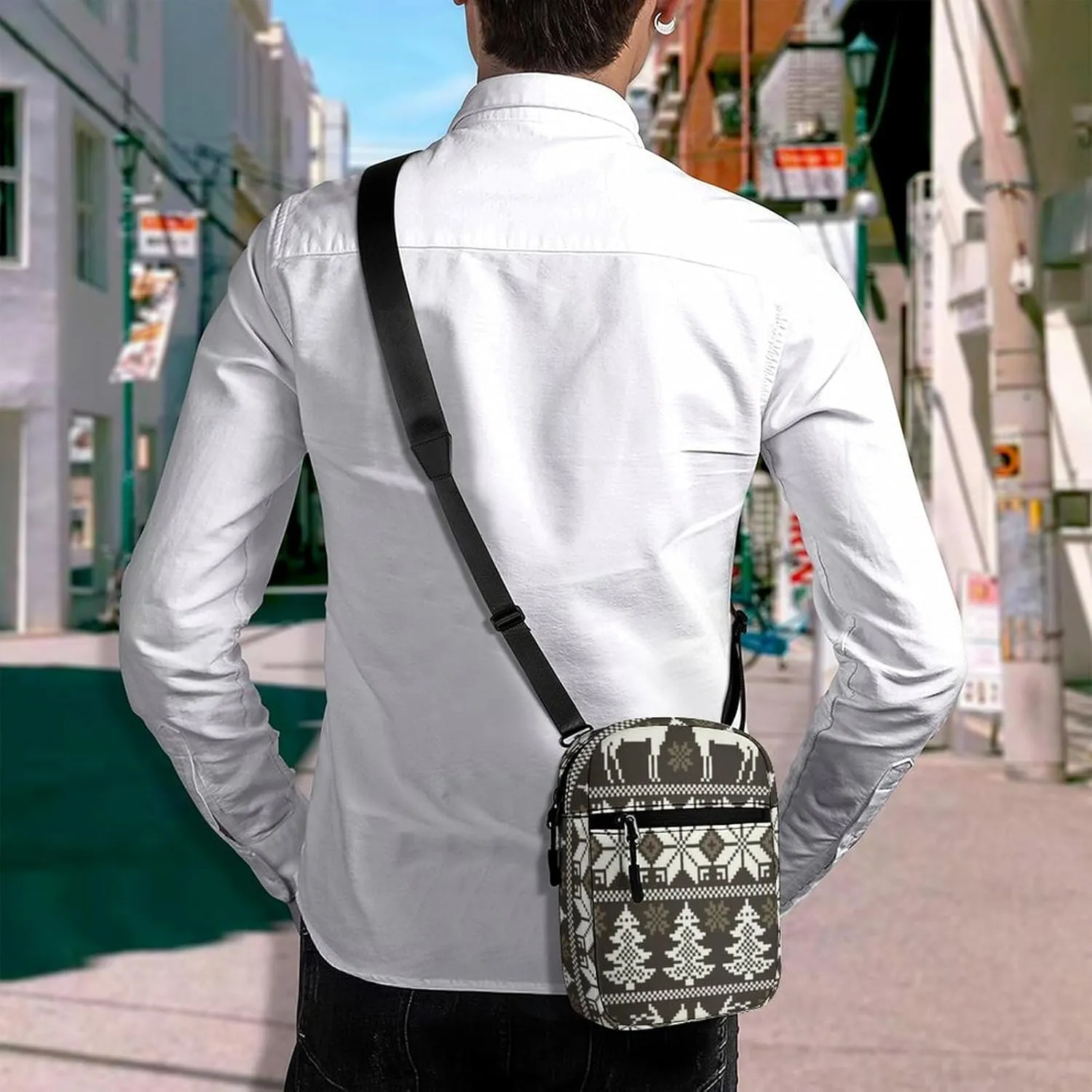 Vintage Christmas White Reindeers Trees Norwegian Sweater Style Adjustable Fanny Waist Pack Pouch, Waterproof Crossbody Runners Bag Wallet for Gym Hiking Fitness Women Men 6.1 x 2.2 x 7.9 inch