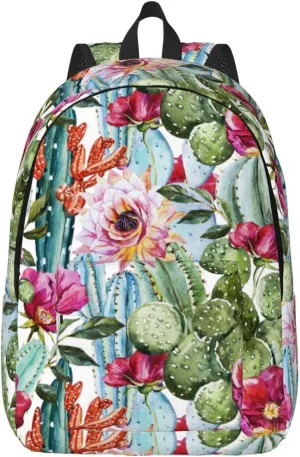 Watercolor Cactus Canvas Backpacks Laptop Backpack Multipurpose Double Shoulder Bag for Men Women Gifts Small