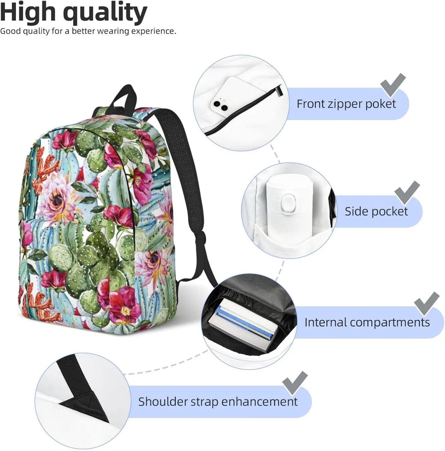 Watercolor Cactus Canvas Backpacks Laptop Backpack Multipurpose Double Shoulder Bag for Men Women Gifts Small