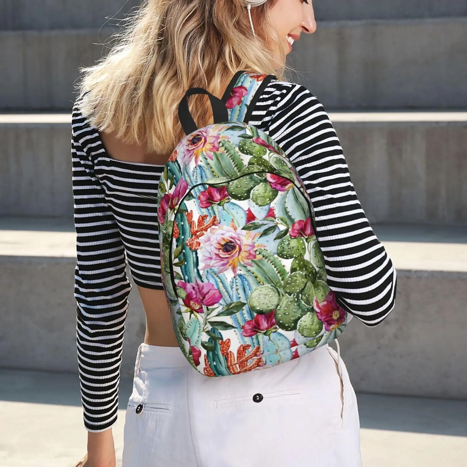 Watercolor Cactus Canvas Backpacks Laptop Backpack Multipurpose Double Shoulder Bag for Men Women Gifts Small