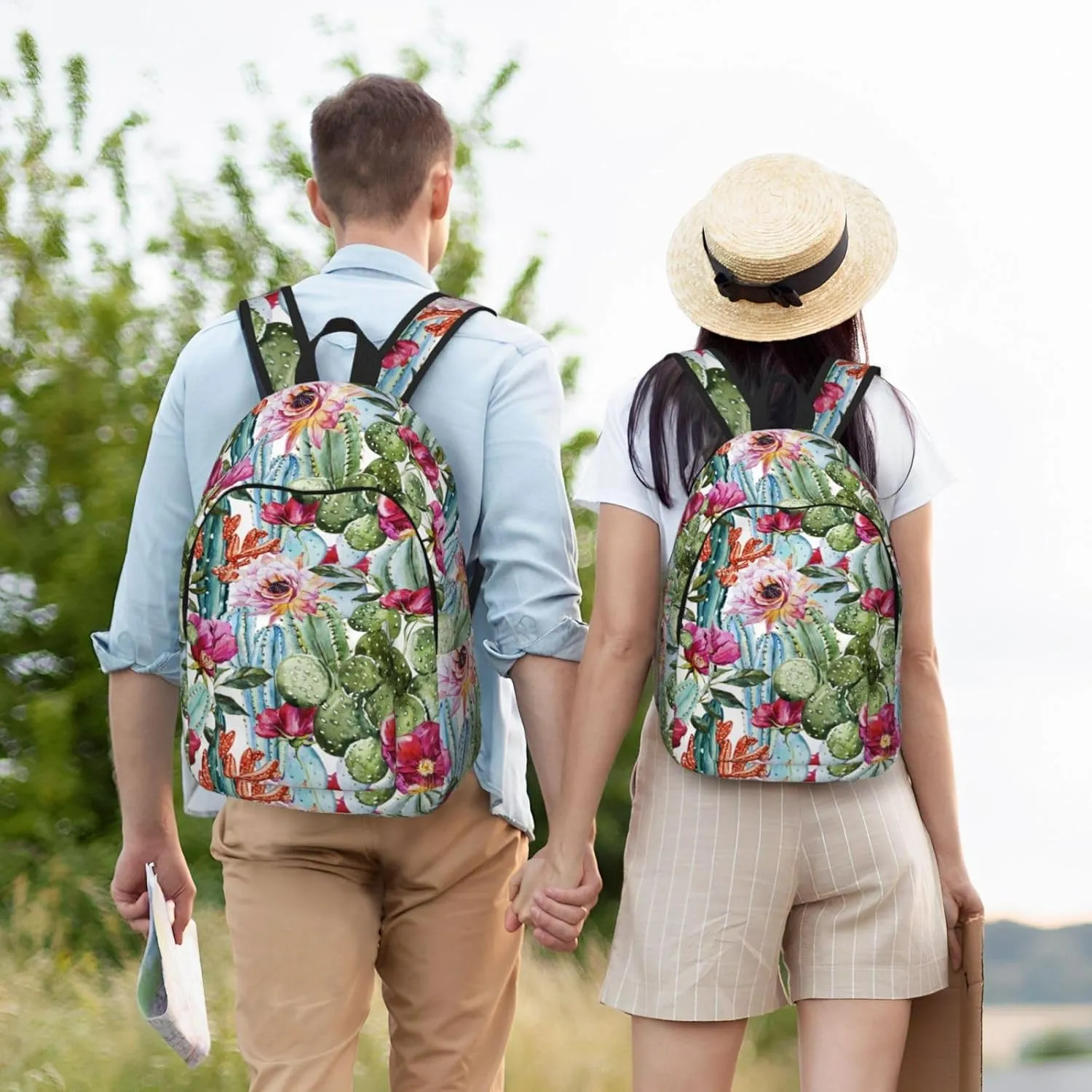 Watercolor Cactus Canvas Backpacks Laptop Backpack Multipurpose Double Shoulder Bag for Men Women Gifts Small