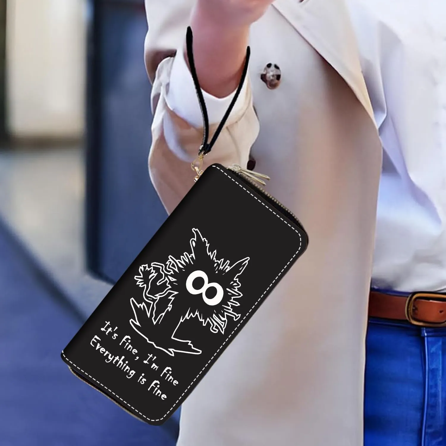 Women's Large Capacity Wallet PU Leather Double Zipper Clutch Purse Multifunctional Wallet with Removable Wristlet Strap for Phone/Coin/Card/Cash, Funny Cat - It's Fine I'm Fine Everything is Fine