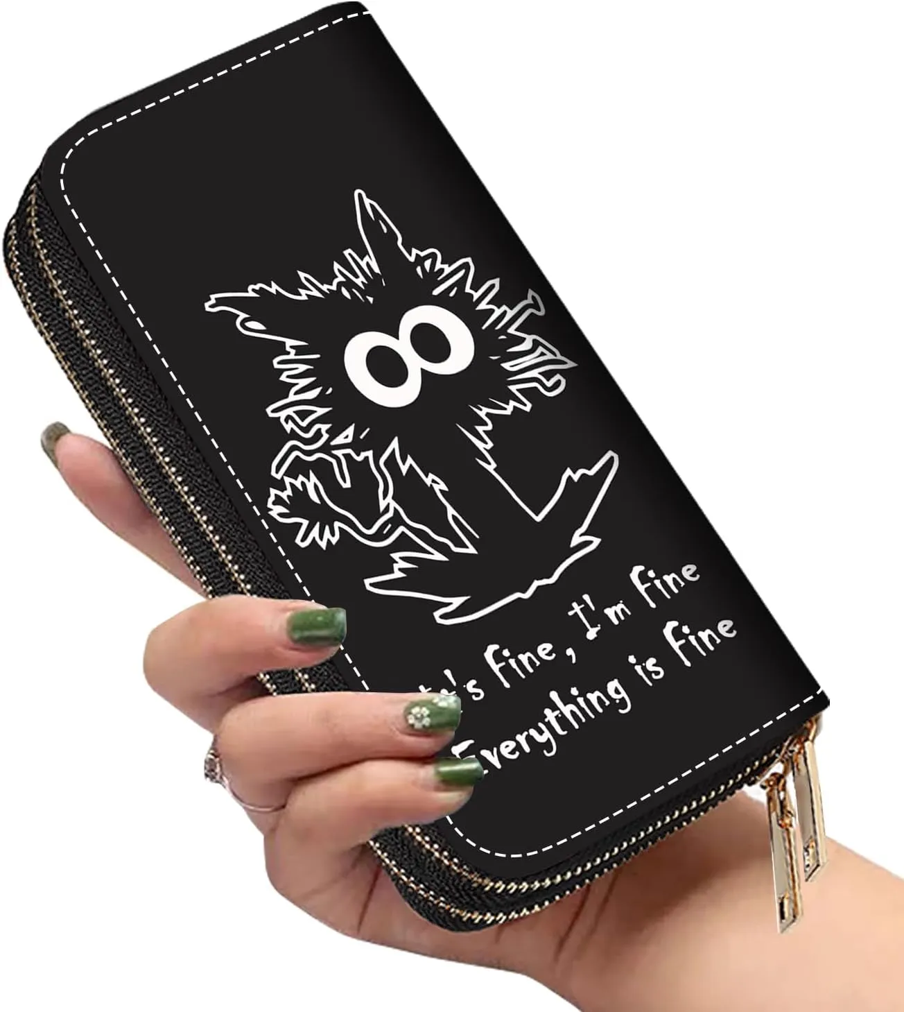 Women's Large Capacity Wallet PU Leather Double Zipper Clutch Purse Multifunctional Wallet with Removable Wristlet Strap for Phone/Coin/Card/Cash, Funny Cat - It's Fine I'm Fine Everything is Fine