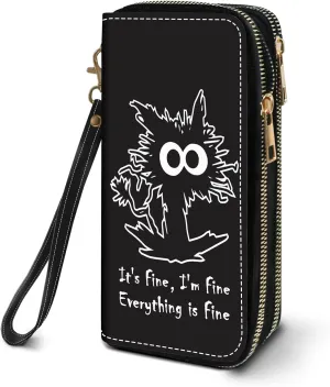 Women's Large Capacity Wallet PU Leather Double Zipper Clutch Purse Multifunctional Wallet with Removable Wristlet Strap for Phone/Coin/Card/Cash, Funny Cat - It's Fine I'm Fine Everything is Fine