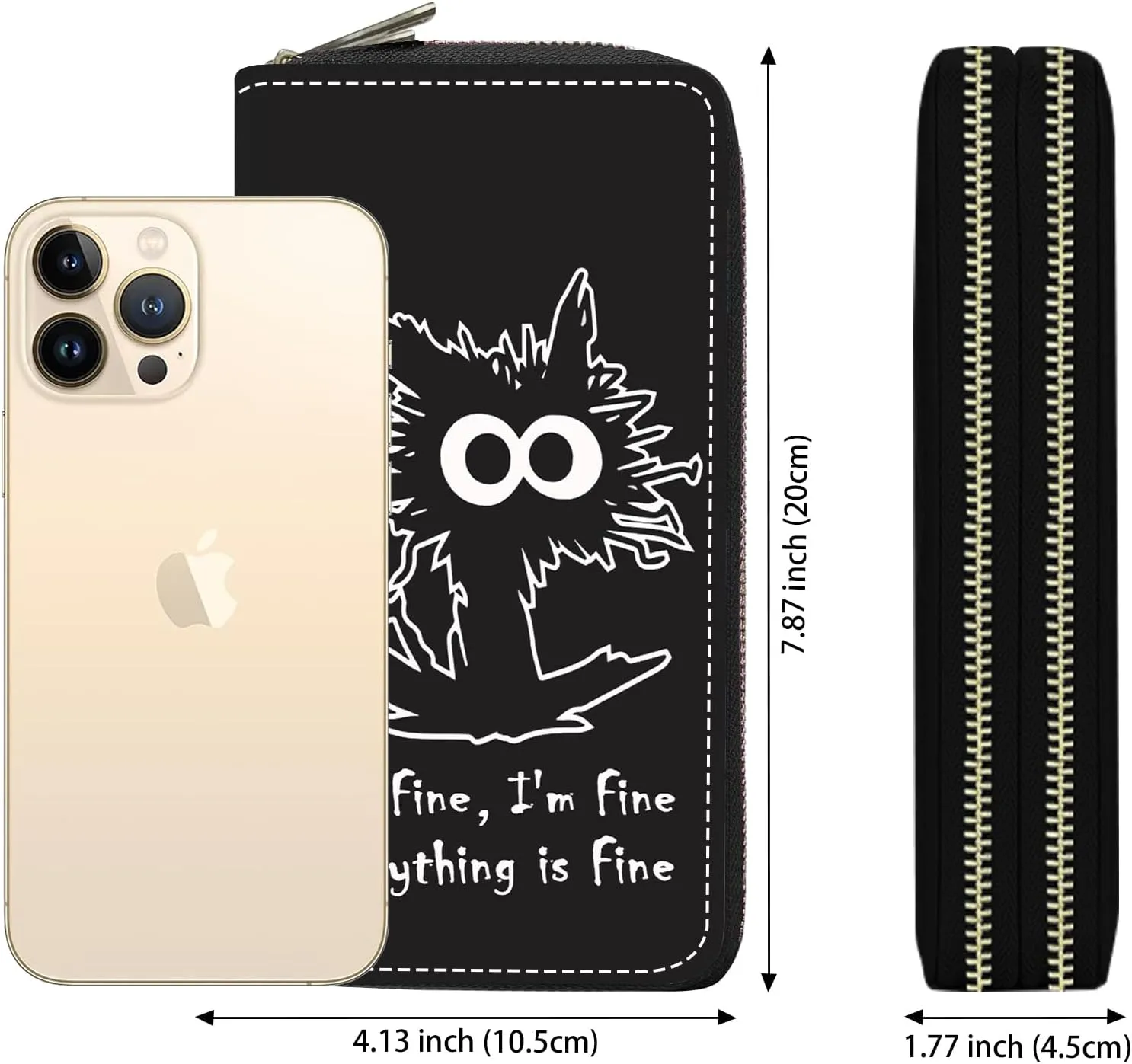 Women's Large Capacity Wallet PU Leather Double Zipper Clutch Purse Multifunctional Wallet with Removable Wristlet Strap for Phone/Coin/Card/Cash, Funny Cat - It's Fine I'm Fine Everything is Fine