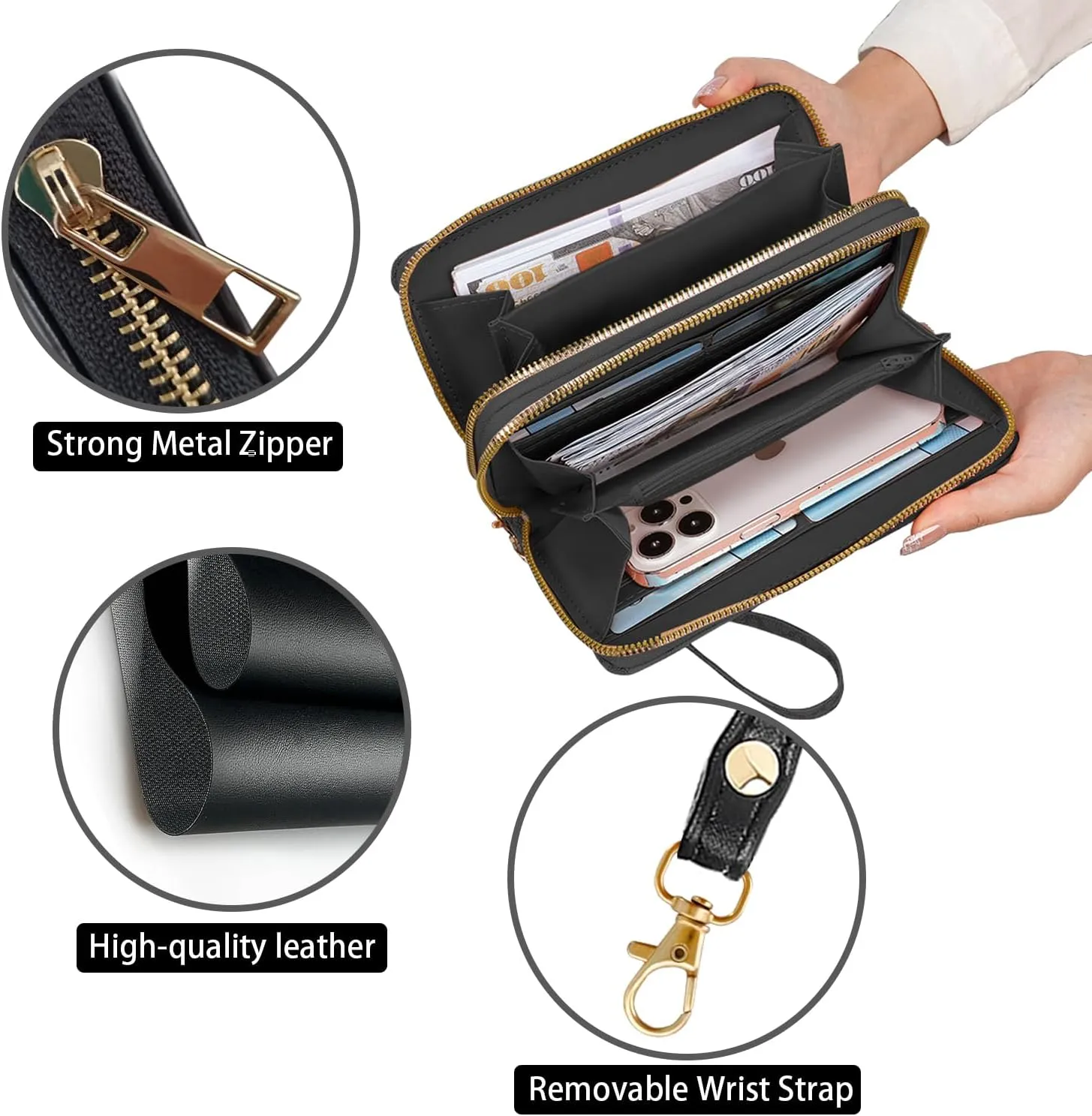 Women's Large Capacity Wallet PU Leather Double Zipper Clutch Purse Multifunctional Wallet with Removable Wristlet Strap for Phone/Coin/Card/Cash, Funny Cat - It's Fine I'm Fine Everything is Fine