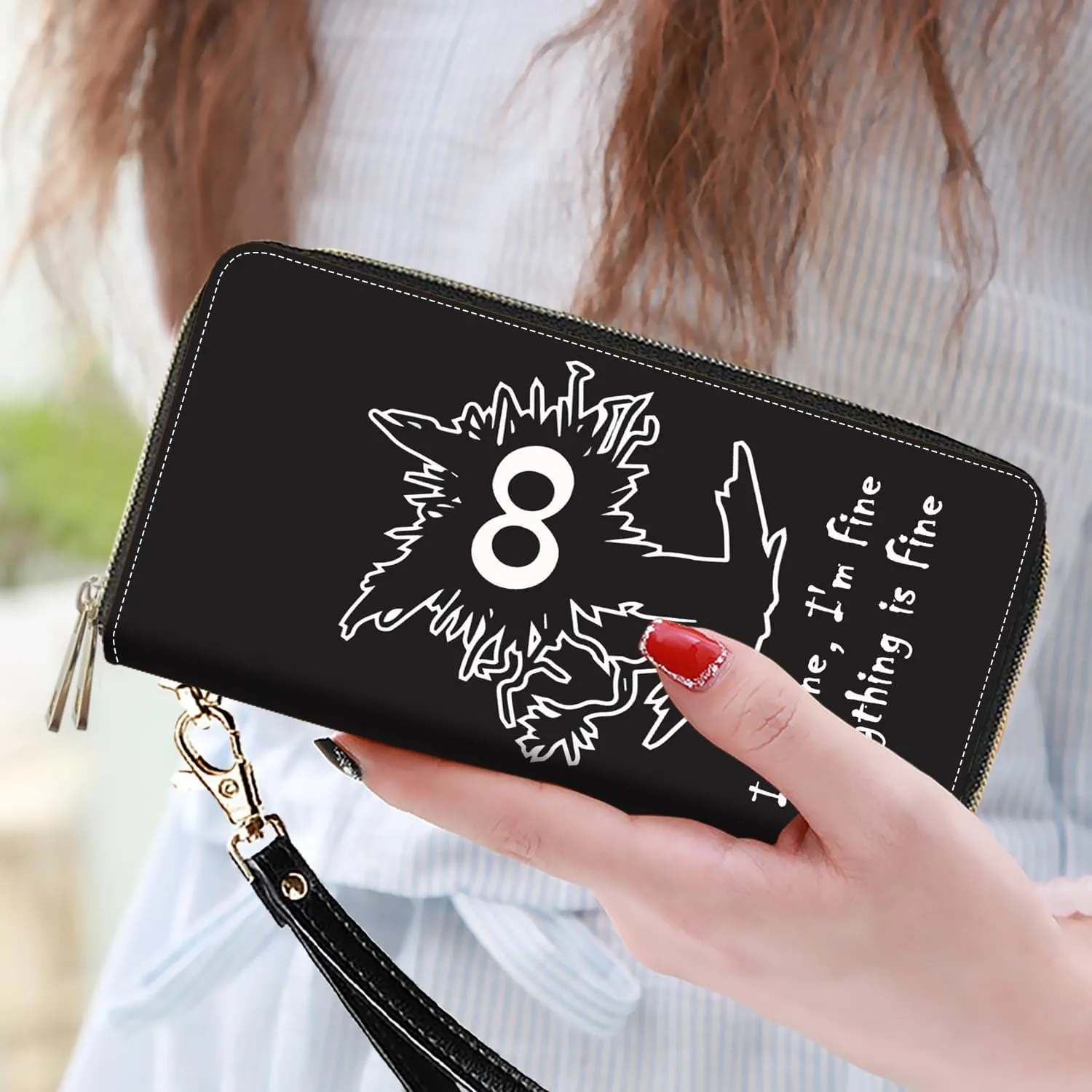 Women's Large Capacity Wallet PU Leather Double Zipper Clutch Purse Multifunctional Wallet with Removable Wristlet Strap for Phone/Coin/Card/Cash, Funny Cat - It's Fine I'm Fine Everything is Fine