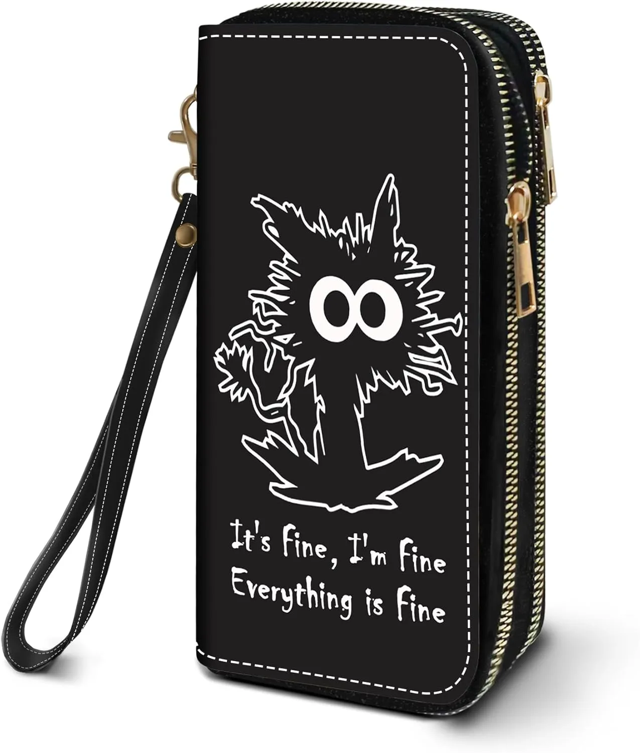 Women's Large Capacity Wallet PU Leather Double Zipper Clutch Purse Multifunctional Wallet with Removable Wristlet Strap for Phone/Coin/Card/Cash, Funny Cat - It's Fine I'm Fine Everything is Fine